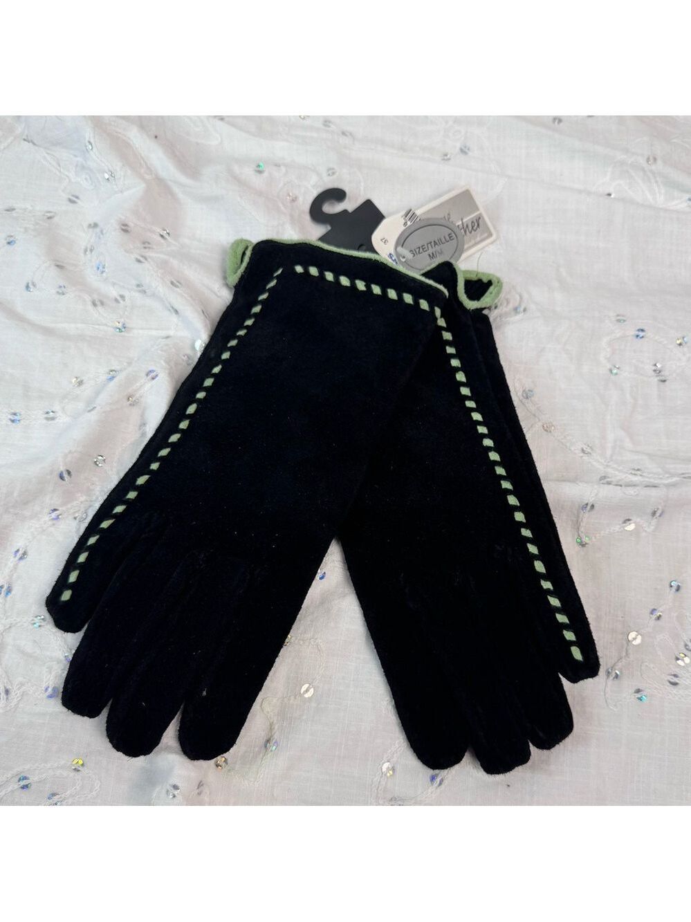 Vintage Suede Leather Gloves – Women’s Medium, Black with Green Stitching, NOS